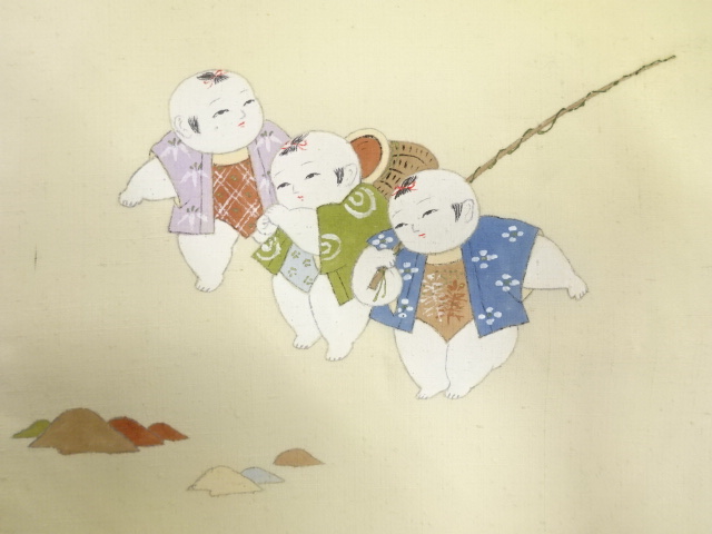 アンティーク　作家物　手織り紬　手描き　御所人形模様開き名古屋帯（額縁仕立て）